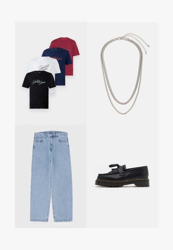 Négy rövid ujjú pamut póló fekete, fehér, tengerészkék és burgundi színekben. Mindegyiken a "Jack & Jones" felirat különböző betűtípusokkal van nyomtatva a elülső részen.; Világoskék farmernadrág egyenes szárú kivitelben, közepes derékkal, öt zsebbel, gombos és cipzáros záródással.; Fekete bőr mokaszin, rojtos díszítéssel, masszív fekete talppal és sárga varrással az élén. Texturált felület.; Háromrétegű ezüstszínű fém nyaklánc, letisztult, rugalmas láncokkal, enyhe fényességgel, homárkapoccsal rögzítve és állítható lánccal.