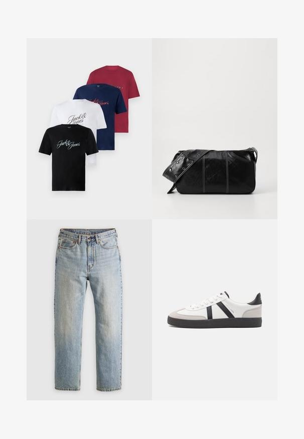 Neljä lyhythihaista puuvillapaitaa mustana, valkoisena, tummansinisenä ja burgundina. Jokaisessa on edessä "Jack & Jones" painettuna eri kirjoitusmuodoilla.; Vaaleansininen farkut, joissa on korkea vyötärö, etunappi, vetoketju ja viisi taskua, asetettu tasaisesti neutraalille taustalle.; Valkoiset lenkkarit mustilla ja harmailla yksityiskohdilla, joissa on teksturoitu harmaa kärki, musta kumipohja ja litteät valkoiset nauhat. Siisti muotoilu, minimalistinen tyyli.; Mustakulmainen nahkainen olkalaukku, jossa on vetoketjukiinnitys, teksturoitu pinta, valkoiset ompeleet ja hihna, jossa on hopeiset niitit.