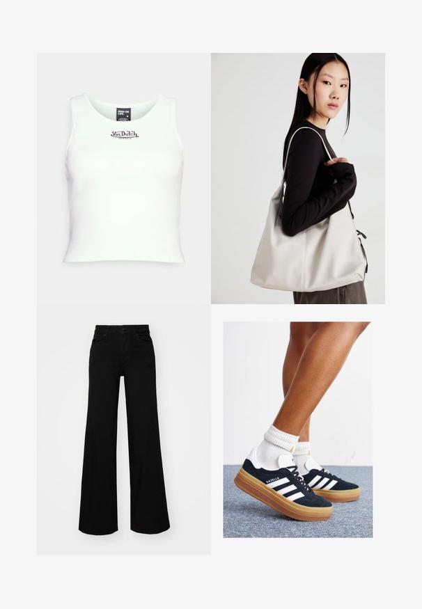 Fehér bordázott crop tank top, kerek nyakkivágással és fekete "Von Dutch" logóval a közepén. Rugalmas pamut keverékből készült.; Fekete, bő szárú farmernadrág, amelynek állítható derékrésze van, övhurkokkal és elülső zsebekkel. Simaság jellemzi, klasszikus dizájnnal.; Fekete velúr sportcipő fehér csíkokkal és díszítésekkel, lekerekített orral, gumitalpú külső résszel, fehér bordázott bokazoknival párosítva.; Puha anyagból készült bézs kézitáska, laza dizájnnal, varrott részletekkel és két vállpánttal. Mindennapi használatra alkalmas.