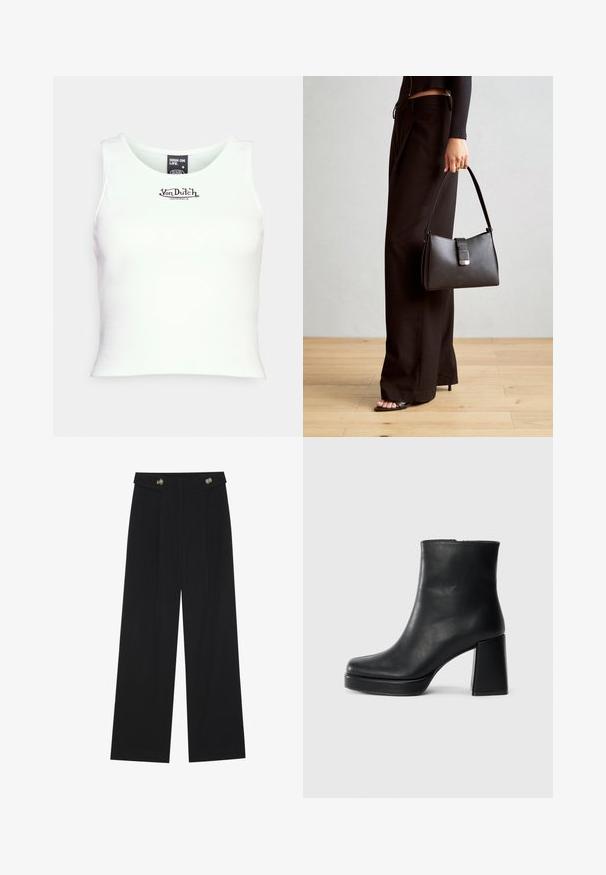 Valge ribadesega lühike top, millel on ümmargune kaelus ja must "Von Dutch" logo keskel. Valmistatud venivast puuvillasegust kangast.; Mustad laiad püksid kõrge vöökoha ja nööpdetailidega vööandil, esikortsudega.; Must musta ankle boot, milleplokk-konts ja platvormi tallaga, vaadatud küljelt ühetoonilise valge tausta peal.; Must musta kott, millel on struktureeritud kuju, sile tekstuur ja metallist klamber. Kombineeritud laiate mustade pükstega ja avatud varvaste sandaalidega puidust põrandal.