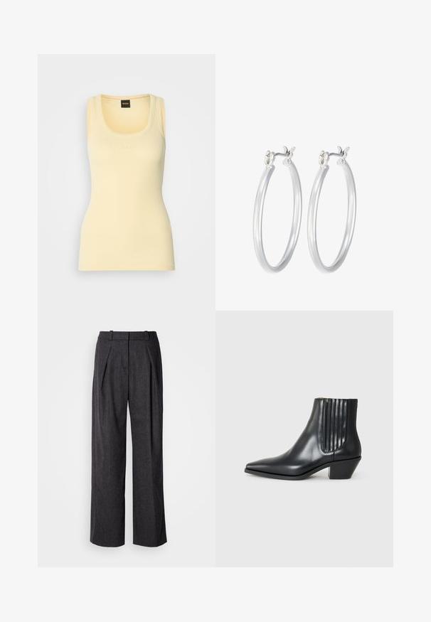 Dzeltens ribots topiņš ar apaļu kakla izgriezumu, ar smalku iespiestu logo centrā. Izgatavots no viegla, elastīga auduma.; Pelēka pogām augšējā krekls, kas izgatavots no teksturētas auduma, ar rūtiņu rakstu gaišākos toņos, apkakli un divām krūšu kabatām.; Tumši pelēki plaša kāju bikses ar teksturētu audumu, kurām ir priekšējie kroki un klasiskas jostas dizains. Redzamu kabatu nav.; Melnas ādas potītes zābaki ar izsistu purngali, elastīgām sānu paneļiem ar vertikālām grodām un zemu bloku papēdi. Gluda tekstūra un elegants dizains.; Sudraba riņķveida auss gredzeni ar gludu, pulētu apdari. Apaļa forma un drošs klikšķa augšējais slēgums. Viegls dizains, kas piemērots ikdienas valkāšanai.