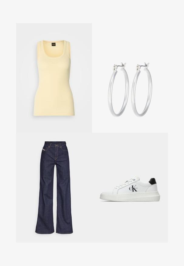 Dzeltens ribots topiņš ar apaļu kakla izgriezumu, ar smalku iespiestu logo centrā. Izgatavots no viegla, elastīga auduma.; Tumši zili platleņķa džinsi no denima auduma ar augstu jostasvietu, ar oranžām šuvēm, piecu kabatu dizainu un pogu aizdari.; Baltā zema topa sporta apavas ar melnu papēža cilni, platformas zoli, auklēm un Calvin Klein "CK" logo sānos.; Sudraba riņķveida auss gredzeni ar gludu, pulētu apdari. Apaļa forma un drošs klikšķa augšējais slēgums. Viegls dizains, kas piemērots ikdienas valkāšanai.