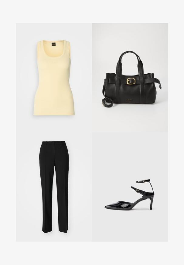 Sárga bordás ujjatlan felső, kerek nyakkivágással, a közepén egy diszkrét, domború logóval. Könnyű, rugalmas anyagból készült.; Fekete, testhezálló nadrág egyenes szárú kivitelben, sima textúrával és éles redőkkel az elején. Nincs látható fémalkatrész.; Fekete lakkbőr magassarkú cipők hegyes orral, állítható bokapánttal és vékony sarokkal. Simább textúra fényes kivitelben.; Fekete bőr kézitáska, amely strukturált kialakítással rendelkezik, dupla felső fogantyúval, arany tónusú csattal és a márka dombornyomott logójával az elején.