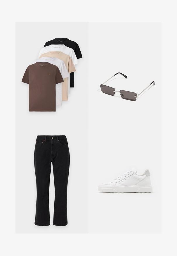 Öt rövid ujjú póló barna, szürke, bézs, fehér és fekete színben, kerek nyakkivágással és puha, sima pamut anyagból.; Fekete és szürke kockás dzseki, galléros nyakkal, gombos elejével és két mellzsebbel. Texturált anyagból készült.; Fekete farmernadrág egyenes szabású dizájnnal, öt zsebes stílussal és réz árnyalatú fém kiegészítőkkel. Simító textúra és közepes derékmagasság.; Fehér bőr sportcipő sima felülettel, kerek orral, lapos fűzőkkel és textúrált talppal. Szürke velúr díszítés a saroknál.; Napszemüveg téglalap alakú, sötétszürke lencsékkel, ezüstszínű fémkerettel és fekete műanyag végű szárakkal. Könnyű kivitel, orrpárnákkal.
