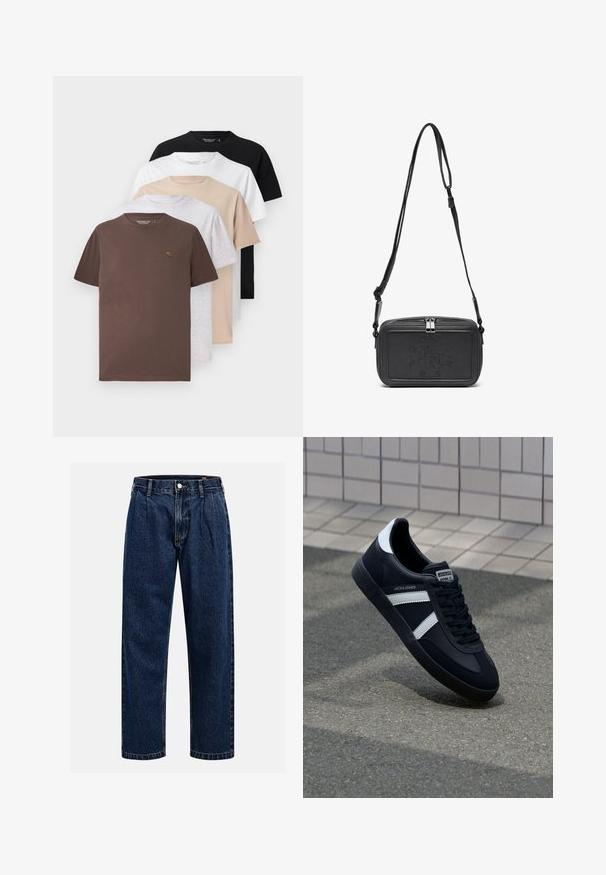 Five short-sleeve T-shirts in brown, gray, beige, white, and black, featuring a crew neck and soft, smooth cotton fabric.; Dark blue denim jeans with a straight-leg design. Features visible stitching, a button closure, and front pleats for added detail.; Black leather sneaker with white stripes, textured rubber sole, and lace-up front. Features a branded label on the tongue.; Black leather crossbody bag with a zip closure, embossed logo on the front, and adjustable strap. Smooth texture with a rectangular shape.