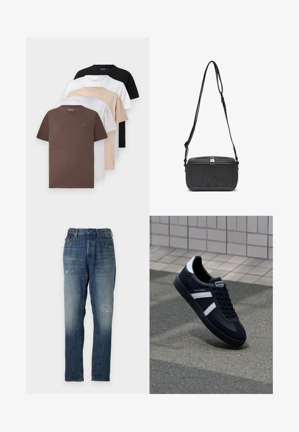 Cinci tricouri cu mânecă scurtă în nuanțe de maro, gri, bej, alb și negru, cu guler rotund și fabrică din bumbac moale și fin.; Jeans din denim cu o culoare albastră decolorată, design cu picior dreapta, uzură moderată pe partea din față și un stil clasic cu cinci buzunare.; Sneaker din piele neagră cu dungi albe, talpă din cauciuc texturat și șireturi. Prezintă un eticheta de marcă pe limbă.; Geantă din piele neagră, tip crossbody, cu închidere cu fermoar, logo embosat pe față și curea ajustabilă. Textură netedă și formă rectangulară.