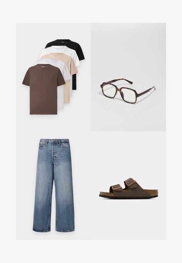 Päť tričiek s krátkym rukávom v hnedej, šedej, béžovej, bielej a čiernej farbe, s okrúhlym výstrihom a mäkkou, hladkou bavlnou.; Široké modré džínsy s vyblednutým umývaním, dizajnom s piatimi vreckami a zapínaním na gombík. S opaskovými pútkami a prešitými detailmi.; Hnedé sandále s dvoma popruhmi a prackami v bronzovom tóne, korkovou stielkou a gumovou podrážkou. Štíhly dizajn s nastaviteľnými popruhmi pre lepšie prispôsobenie.; Sliné slnečné okuliare s nádychom korytnačiny so štvorcovými rámami, priehľadnými šošovkami a štíhlymi stranami s decentným logom. Matný a lesklý povrch.
