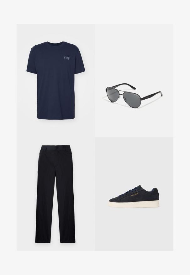 Sötétkék pamut póló rövid ujjakkal, kerek nyakkivágással és egy kis hímzett logóval a bal mellen. Klasszikus fazon és sima textúra.; Fekete nadrág könnyű, textúrált anyagból, egyenes szárú kialakítással, rugalmas derékpánttal és oldalsó cipzáras zsebekkel.; Sötétkék velúr, alacsony szárú teniszcipő fehér talppal, sötétkék fűzőkkel és arany színű "Filling Pieces" logóval az oldalán.; Fekete pilóta napszemüveg sötét lencsékkel, vékony fém kerettel és karcsú műanyag karokkal, melyeken logó díszítések találhatók.