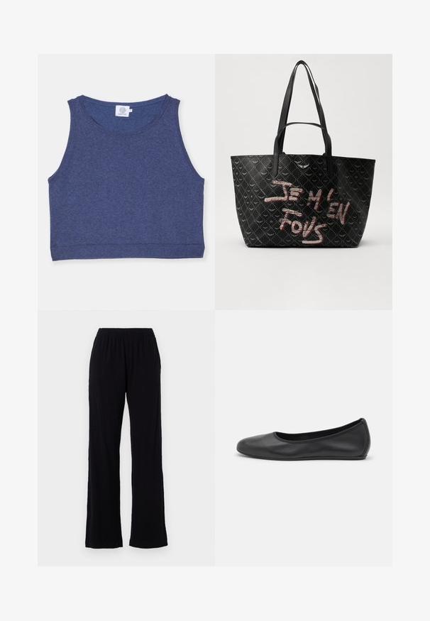 Dunkelblauer, taillierter Tanktop aus strukturiertem Stoff mit rundem Ausschnitt und gerippten Kanten. Etikett am inneren Ausschnitt.; Schwarze, leichte, elastische Hose mit geradem Bein. Weicher Stoff ohne sichtbare Muster oder Akzente. Schlichter und vielseitiger Stil.; Schwarze Leder-Ballettschuhe mit abgerundeter Spitze, glatter Textur, minimalen Nähdetails und einem flexiblen Sohlen-Design.; Schwarze Tote-Bag aus strukturiertem Material mit Rautenmuster, Schulterriemen und auffälligem roten und weißen Text "JE M'EN FOUS."