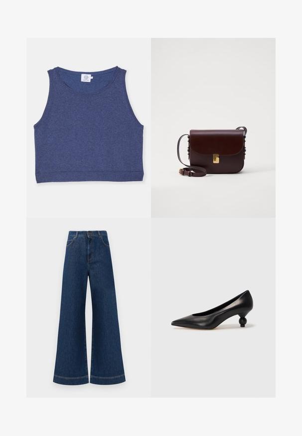 Tamsiai mėlyna trumpa tankų viršutinė dalis, pagaminta iš tekstūruoto audinio, su apvaliu iškirpimu ir tiesiais kraštais. Etiketė vidinėje iškirptės dalyje.; Plati mėlynos džinsinės kelnės su aukštu liemeniu, turinčios mygtukų užsegimą, diržo kilpas ir subtilius siuvinėjimo akcentus ant kišenių bei apdailos.; Juoda odinė aukštakulnė bateliai su smailiu pirštu ir apvaliu, iškiliu kulnu. Lygus paviršius su elegantišku, minimalistiniu dizainu.; Ruda odinė rankinė su sklende, auksinėmis detalėmis ir reguliuojama juosta. Pasižymi glotnia tekstūra ir elegantiška stačiakampio forma.