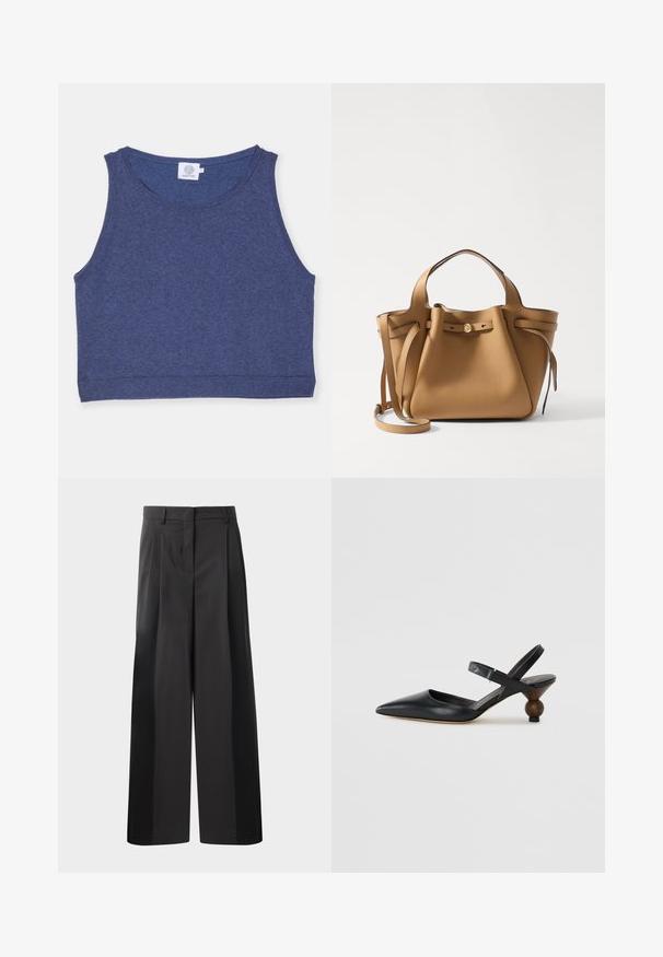 Tmavě modrý zkrácený top bez rukávů vyrobený z texturované tkaniny s kulatým výstřihem a žebrovanými okraji. Štítek na vnitřní straně výstřihu.; Černé kalhoty širokého střihu s vysokým pasem, které mají přední sklady, hladký povrch a upravený vzhled. Navrženy pro volný střih.; Černé kožené sandály s úzkým páskem kolem kotníku, špičatou špičkou, zakřiveným designem a kulatým podpatkem připomínajícím dřevo.; Tory Burch ROMY PEBBLED SATCHEL - Kabelka - tiramisu