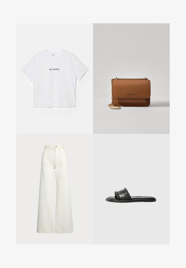 White cotton t-shirt with short sleeves and a crew neck, featuring black embroidered text "BE HONEST" centered on the front.; Wide-leg jeans in off-white denim. High-waisted design with a button closure, two front pockets, and contrast stitching details.; Black leather sandal with a woven strap detail, flat sole, and a sleek design. Smooth texture and minimalistic profile.; Brown textured leather crossbody bag with gold chain strap and flap closure. Front features logo detail and a pocket under the flap.