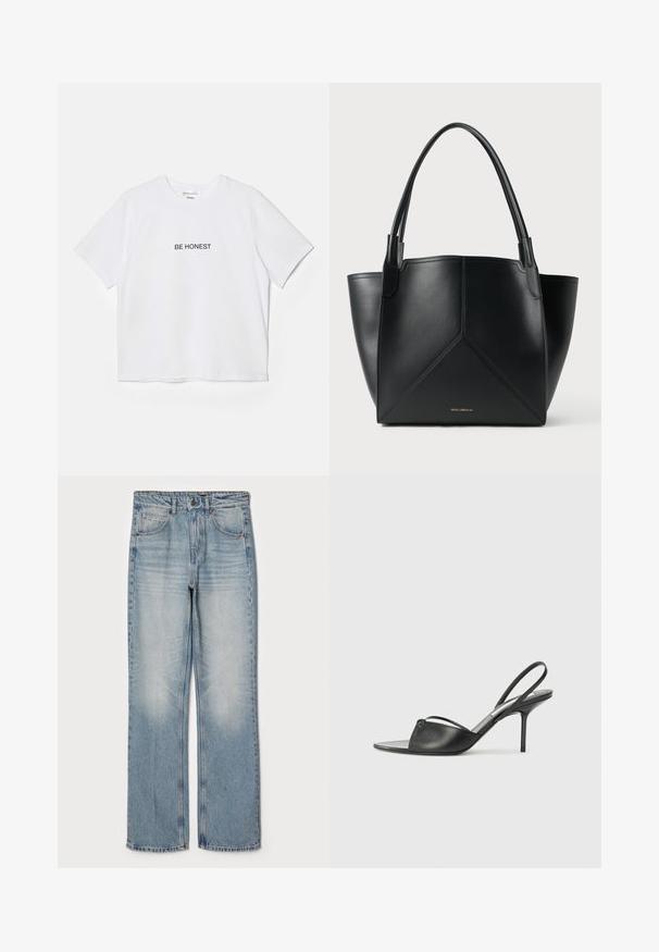 White cotton t-shirt with short sleeves and a crew neck, featuring black embroidered text "BE HONEST" centered on the front.; Light blue denim jeans with a straight fit, featuring a high waist, five-pocket design, and subtle fading on the thighs and knees.; Black leather slingback heels with a pointed toe, thin ankle strap, and stiletto heel. Features a knotted detail on the vamp.; Black leather tote bag with a geometric design, featuring two handles and gold branding on the front. Smooth texture and structured shape.