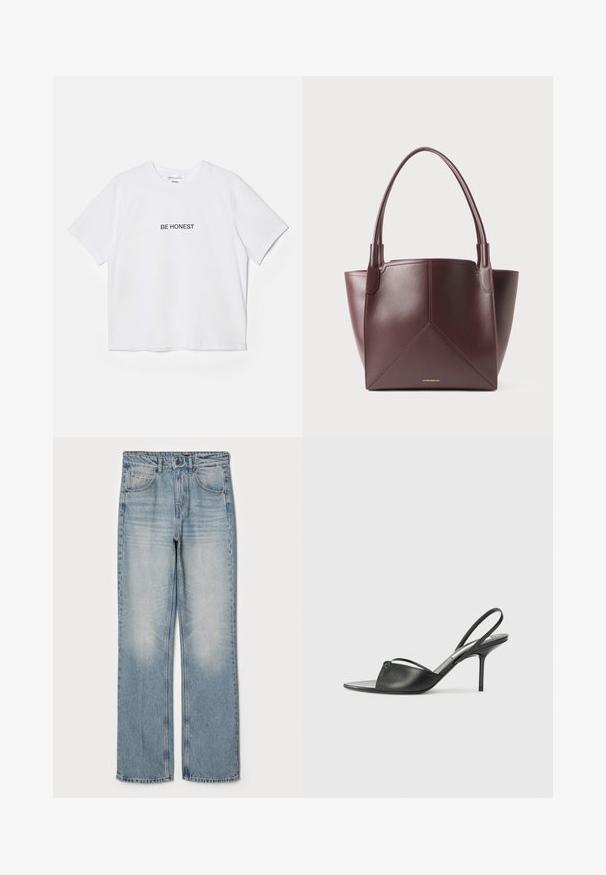 White cotton t-shirt with short sleeves and a crew neck, featuring black embroidered text "BE HONEST" centered on the front.; Light blue denim jeans with a straight fit, featuring a high waist, five-pocket design, and subtle fading on the thighs and knees.; Black leather slingback heels with a pointed toe, thin ankle strap, and stiletto heel. Features a knotted detail on the vamp.; Dark brown leather tote bag with two handles and geometric panel stitching, featuring small gold brand text near the bottom center.