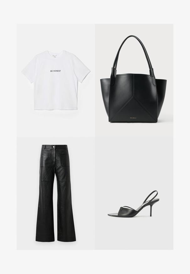 Valkoinen puuvillainen t-paita, jossa on lyhyet hihat ja pyöreä kaula-aukko. Etupuolella keskellä mustalla stickatulla tekstillä "OLE REHELLINEN".; Mustat nahkaiset leveälahkeiset housut, joissa on etutaskut ja napitus. Materiaali on sileä, jossa on hienoinen kiilto ja näkyvät saumat.; Mustat nahkaslingback-kengät, joissa on terävä kärki, ohut nilkkaremmi ja stiletto-korko. Yksityiskohtana on solmittu detali vampissä.; Musta nahkainen kassi, jossa on geometrinen muotoilu, kahdella kahvalla ja kultaisella brändäyksellä edessä. Sujuva pinta ja jäntevä muoto.
