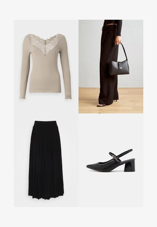 Beige pitkähihaine ribbipaita, jossa on V-pääntie ja kukallinen pitsireunus. Kourutettu reuna hihoissa ja helman alareunassa, valmistettu pehmeästä ja joustavasta materiaalista.; Musta plyytilaakkohame, jossa on korkea, joustava vyötärö. Valmistettu pehmeästä kankaasta, jossa on pystysuoria plyysit, jotka luovat virtaavan siluetin.; Musta lakattu nahka slingback-korkokengät, joissa on terävä kärki, pyöreä aukko-muotoilu ja lohkokorko. Varustettu kultasävyisellä solkiyksityiskohdalla.; Musta käsilaukku, jossa on rakenteellinen muoto, sileä pinta ja metallinen solki. Yhdistetty leveisiin mustiin housuihin ja avonaiheisiin sandaaleihin puulattialla.