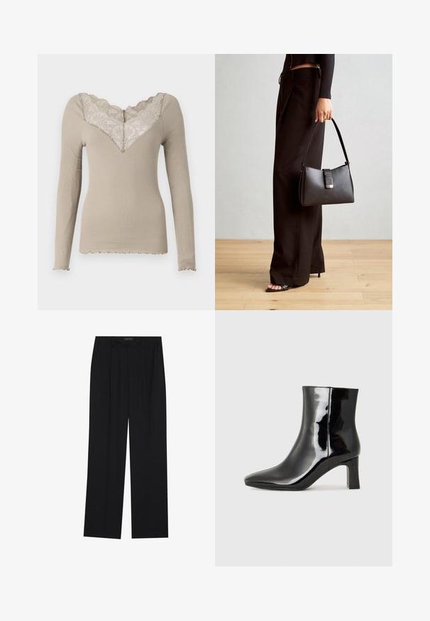 Beez värvi pika käistega ribakujuline topp V-kaelusega ja lillelise pitsiga ääristusega. Äärised on lainelised nii käistel kui ka allservas, valmistatud pehmest ja venivast materjalist.; Mustad püksid sirgjoonelise disainiga, millel on kaks esist taskut ja muudatus. Valmistatud siledast, kergekaalulisest kangast.; Must-sinine nahkjalats musta läikiva viimistlusega, millel on terav nina ja keskmise kõrgusega plokk konts. Sile tekstuur ja minimalistik disain.; Must musta kott, millel on struktureeritud kuju, sile tekstuur ja metallist klamber. Kombineeritud laiate mustade pükstega ja avatud varvaste sandaalidega puidust põrandal.