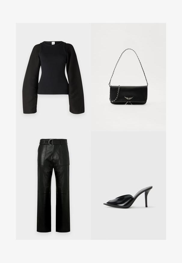 Nanushka YARAH - Μπλούζα με μακριά μανίκια - black; Μαύρο δερμάτινο παντελόνι ψηλής μέσης με φαρδιές ποδιές, μεγάλες μπροστινές πατιλέτες και αντίστοιχη ζώνη με διπλό κρίκο.; Μαύρες δερμάτινες ψηλοτάκουνες μούλες με ανοιχτό μπροστινό μέρος, κοφτερό σχέδιο, λείο υλικό και λεπτό τακούνι στιλέτο.; Μαύρη δερμάτινη τσάντα με ασημένια αλυσίδα, που διαθέτει διακοσμητικά φτερά και λευκή ραφή κατά μήκος της κάτω ραφής.