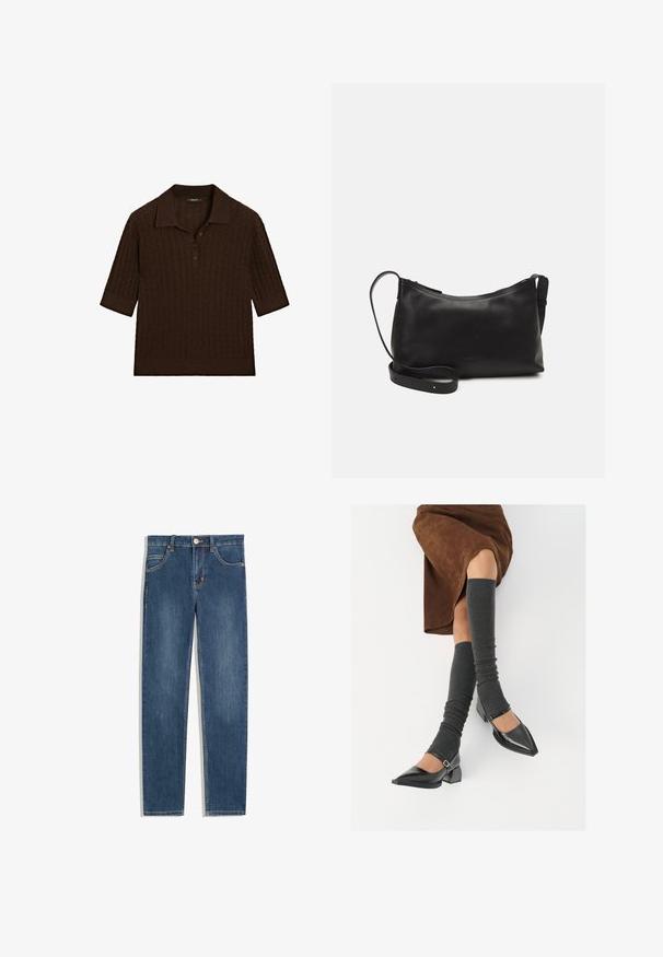 Bruine polo met korte mouwen van ribbelstof, platte kraag en een sluiting met drie knopen, met een ontspannen pasvorm en subtiel gebreid patroon.; Donkerblauwe denim jeans met een rechte pasvorm, vijf zakken, subtiele stikdetails en een metalen knoop bij de taille.; Zwarte gepatineerde leren pumps met een puntige neus, een blokhak en een enkelbandje, gecombineerd met grijze geribde beenwarmers en een bruine suède rok.; Zwarte leren schoudertas met een gladde textuur, gebogen vorm, verstelbare schouderband en een ritsafsluiting. Minimalistisch ontwerp zonder versieringen.