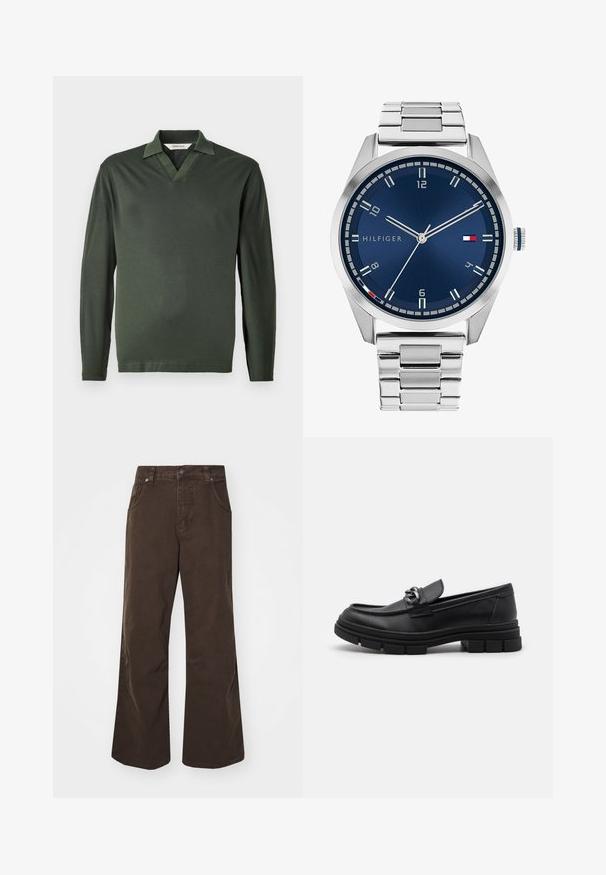 Poloko s dlouhým rukávem v tmavě zelené barvě, vyrobené z hladké tkaniny. Má límec ve tvaru V a minimalistický design bez vzorů a ozdob.; Hnědé široké kalhoty z bavlny, s vysokým pasem, předními kapsami a hladkou texturou. Dokončení zahrnuje jemné detaily šití.; Černé kožené mokasíny s kulatou špičkou, dekoračním páskem a kovovými prvky, a masivní texturovanou podrážkou. Hladký povrch s jemnými detaily.; Stříbrné kovové hodinky s broušeným modrým ciferníkem, bílými hodinovými indexy a zobrazením data. Mají spojený kovový pásek a logo značky.