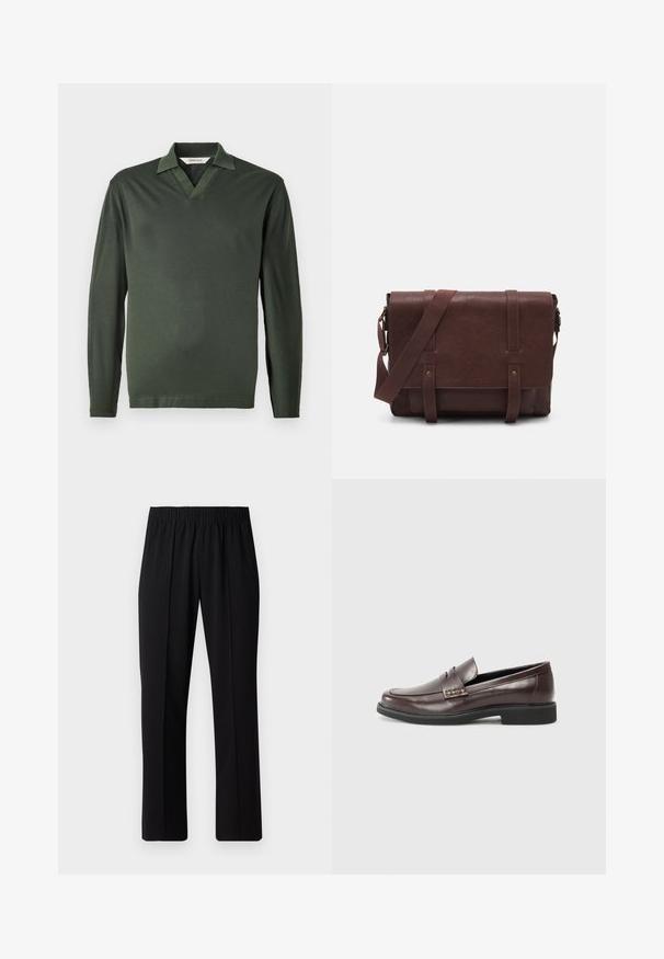 Dlhý rukáv polo tričko v tmavozelenej farbe, vyrobené z hladkej tkaniny. Obsahuje golier s V-štrbinou a minimalistický dizajn bez vzorov alebo kovových prvkov.; Čierne nohavice s elastickým pásom a rovnými nohavicami, majú hladkú textúru a žiadne viditeľné vzory ani kovové doplnky.; Hnedé kožené mokasíny s hladkým povrchom, so subtilným prešitím na hornom diele a čiernou gumovou podrážkou.; Hnedá kožená messenger taška s plochým predným klopom, dvoma popruhmi, zlatými kovovými detailmi a nastaviteľným ramenným popruhom.