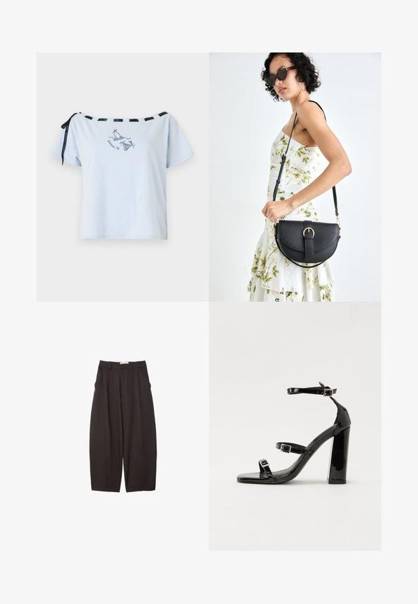 Svetlo modré tričko s krátkymi rukávmi a off-shoulder dizajnom, čierne saténové stužky ako akcenty a vyšívaný grafický nápis "Leto 98". Mäkký bavlnený materiál.; Čierne široké nohavice vyrobené z hladkej tkaniny, s vysokým pásom, prednými skladmi a bočnými vreckami. Jednoduchý dizajn bez ozdôb.; Čierne lakované sandále na vysokom opätku s dvoma prackami, štvorcovou špičkou a hrubým blokovým opätkom, s hladkou, lesklou textúrou.; Čierna kožená kabelka s zaobleným tvarom, odnímateľným popruhom a zlatými doplnkami. Kabelka má klopu s detailom s prackou.