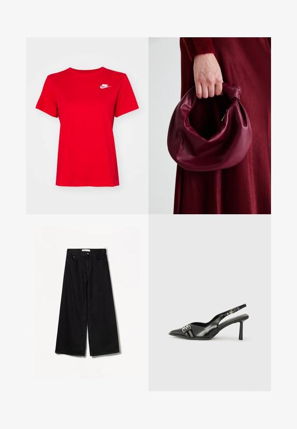 Tricou roșu din bumbac, cu guler clasic și mâneci scurte. Prezintă un logo alb Nike pe pieptul stâng.; Bershka WIDE-LEG - Wide leg - black; Pantofii slingback din piele lăcuită neagră, cu vârf ascuțit, bretele pentru gleznă cu catarame și accesorii din argint, și un toc subțire.; Geantă de mână din piele burgundă, cu un design moale și pliat și o formă rotundă. Mânerele sunt securizate, evidențiind o textură netedă.