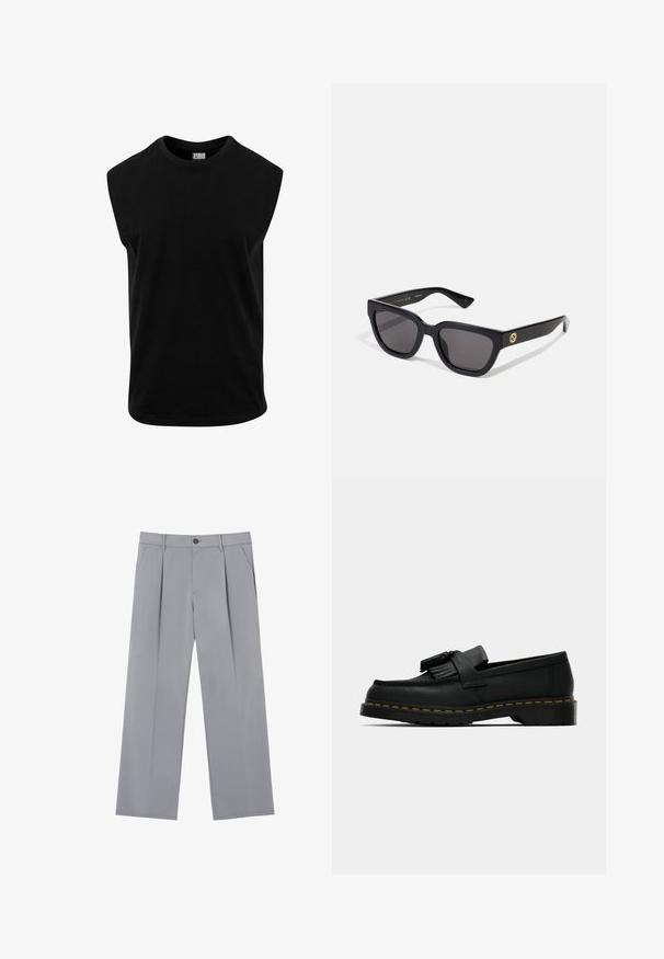 Sort ærmeløs t-shirt lavet af bomuld, med rund halsudskæring og en glat tekstur med lige snit. Ingen synlige mønstre.; Grå plisserede bukser med en afslappet pasform, lavet af et letvægtsstof. Har forlommer og en knaplukning i taljen.; Sorte læder loafers med kvaster, gul syning langs sålen og en tyk, rillede gummisål.; Sorte rektangulære solbriller med en blank finish, mørke linser og guldhardware på templet med logoen.