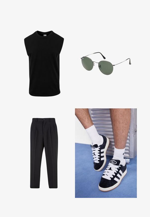 Crna majica bez rukava od pamuka, s okruglim izrezom i glatkom teksturom, ravnog kroja. Nema vidljivih uzoraka.; Crne hlače s nabranim prednjim dijelom, izrađene od glatkog materijala. Imaju zatvaranje na gumb i petlje za remen; ravne su krojen.; Crne nubuk tenisice s bijelim vezicama i tri bijele pruge. Imaju kružni crni logo na jeziku i gumeni potplat.; Naočale s metalnim okvirom i ovalnim zelenim staklima. Tanka srebrna metalna konstrukcija i crni silikonski jastučići za uši. Minimalistički dizajn, bez vidljivih logotipa.