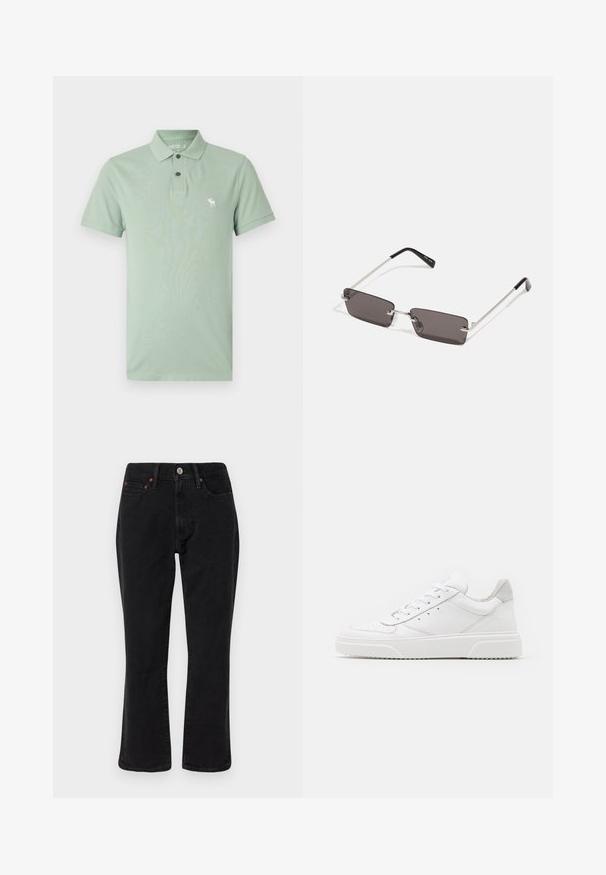 Abercrombie & Fitch - Koszulka polo; Czarna i szara kurtka w kratę z kołnierzykiem, zapinana na guziki, z dwiema kieszeniami na piersi. Wykonana z fakturowanej tkaniny.; Czarne dżinsy o prostym kroju, pięć kieszeni, metalowe elementy wykończenia w miedzianym kolorze. Gładka tekstura i średni stan.; Białe skórzane trampki o gładkim wykończeniu, zaokrąglonym nosku, płaskich sznurówkach i teksturowanej podeszwie. Szary zamszowy akcent na pięcie.; Okulary przeciwsłoneczne z prostokątnymi, ciemnoszarymi soczewkami, srebrnymi metalowymi ramkami i czarnymi plastikowymi zakończeniami na zausznikach. Lekka konstrukcja z poduszkami nosowymi.