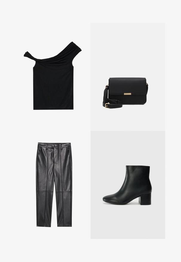 Must tumevaba must särk, mis on valmistatud pehmest kangast. Omab keerutatud detaile kaelaosas ja istuvat siluetti.; Mustad nahkpüksid sileda tekstuuriga, sirge lõikega, kahe eesmine taskuga ja nähtavate õmblusteta.; Mustad nahast pahkluu saapad terava varbaga ja jämeda kandaga. Sile tekstuur minimaalse aktsentidega ja stiilne, lihvitud disain.; Mustmust nahkkotasku klapiga, kuldsete detailidega, reguleeritava rihmaga ja tekstureeritud pinnaga. Kompaktne ristkülikukujuline kuju.