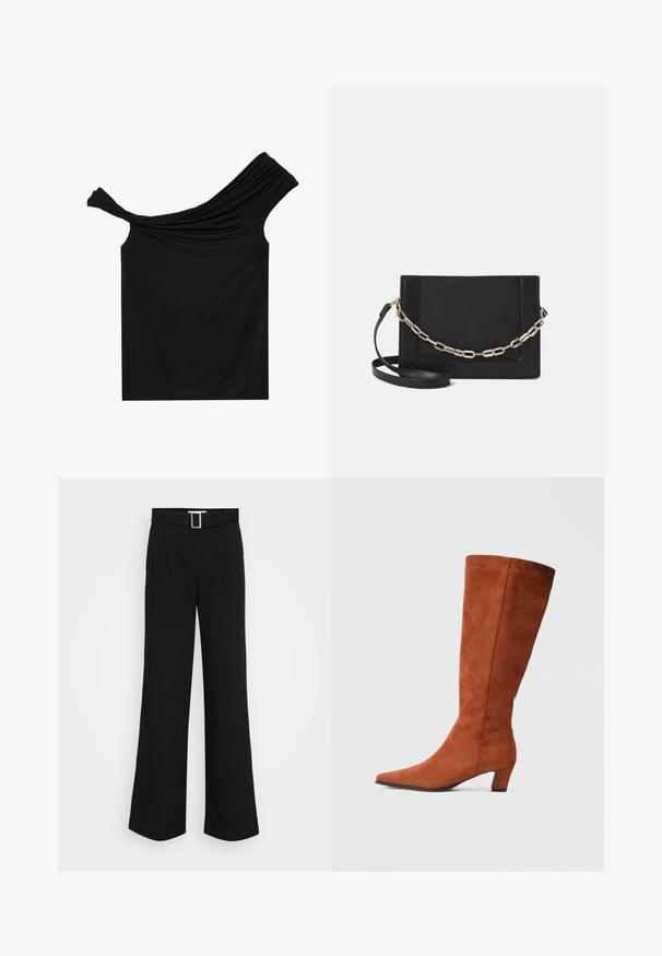Black off-shoulder top made from a soft fabric. Features twisted detailing at the neckline and a fitted silhouette.; Black wide-leg trousers made of lightweight fabric, featuring a smooth texture, front pleats, and a belt with a square metal buckle.; Brown suede knee-high boot with a pointed toe and a small block heel, featuring a smooth texture and minimalistic design.; Black leather crossbody bag featuring a smooth texture, rectangular shape, and a metallic chain detail on the front. Adjustable strap included.