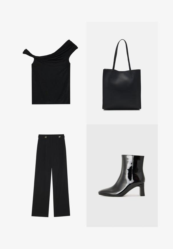 Črna top brez naramnic, narejen iz mehkega materiala. Ima zvite detajle na izrezu in prilegajočo silhueto.; Črne široke hlače s visokim pasom, gumbnimi detajli na pasu in sprednjimi gubami.; Črne lakirane gležnjarje z ošiljenim nosom in srednje visokim blokastim peto. Gladka tekstura in minimalističen dizajn.; Črna usnjena torba s svilnato teksturo, pravokotne oblike in dvema dolgima ročajema. Brez vidnih metalnih delov ali okrasnih elementov.