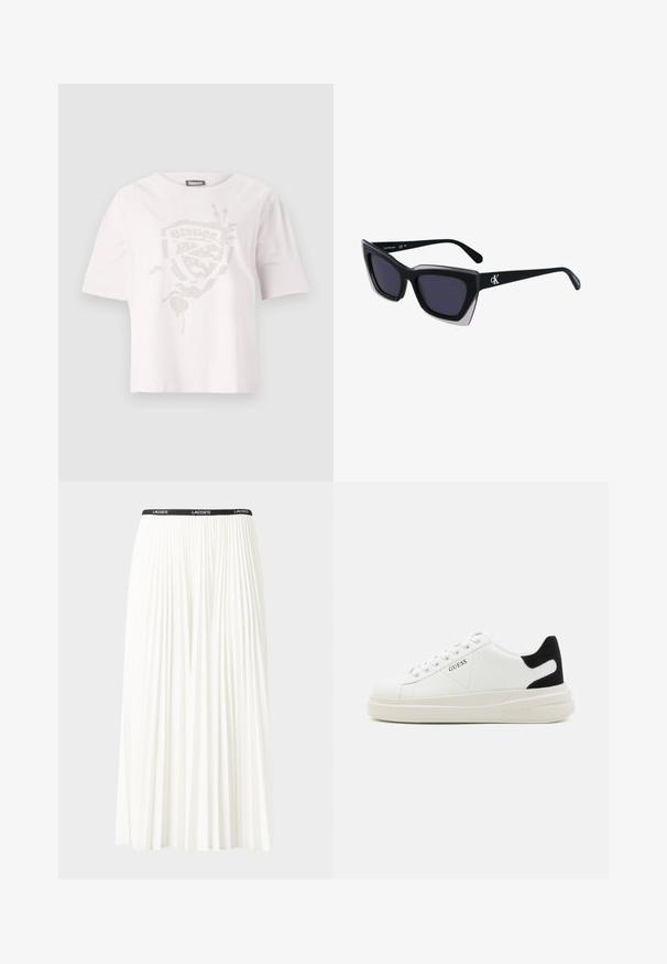 Bela kratka majica z zgornjimi rokavi, izdelana iz bombaža, s teksturiranim grafičnim dizajnom v subtilnem metalnem finišu spredaj.; Gubasta bela krila z črnim elastičnim pasom, ki nosi logotip "LACOSTE". Srednje dolga zasnova z mehkobo tkanine.; Bele usnjene športne copate z debelim belim podplatom, črnimi semišnimi detajli na peti in utisnjenim logotipom na strani. Zavezovanje s šestimi luknjicami.; Črne prevelike sončne očala geometrijske oblike, z temnimi lečami in kontrastno sivo podrobnostjo na okvirju. Logo na ročaju.