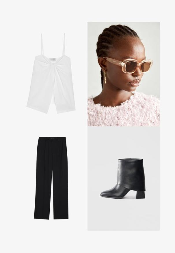 Hvit ermeløs topp med tynne stropper, med en sløyfe foran og en åpen delingsdesign nederst. Glatt, lett stoff.; Sorte bukser med rette ben, som har to frontlommer og en talje. Laget av et glatt, lett stoff.; Sorte lær ankle boot med spiss tå, glatt tekstur og en strukturert blokkhæl. Har et høyt, brettet mansjett-design.; Beige oversized solbriller med klar ramme og brune tonede linser, med subtile blomsterdetaljer og dristig, geometrisk design.