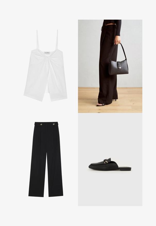 Λευκό αμάνικο τοπ με λεπτές τιράντες, που διαθέτει λεπτομέρεια με φιόγκο μπροστά και ανοιχτό σχέδιο με σχισμή στο κάτω μέρος. Λείο, ελαφρύ ύφασμα.; Μαύρο παντελόνι φόρμας σε φαρδιά γραμμή με ψηλή μέση, κουμπιά στη μέση και πλαϊνές τσέπες.; Μαύρο γλιστρώτο παπούτσι από λείο δέρμα. Διαθέτει στρογγυλή μύτη, διακοσμητική πλεγμένη ζώνη και μικρή χρυσή λεπτομέρεια. Σολοί επίπεδος.; Μαύρη τσάντα χειρός με δομημένο σχήμα, λεία υφή και μεταλλικό κούμπωμα. Συνδυασμένη με φαρδιά μαύρα παντελόνια και σανδάλια ανοιχτής μύτης πάνω σε ξύλινο πάτωμα.