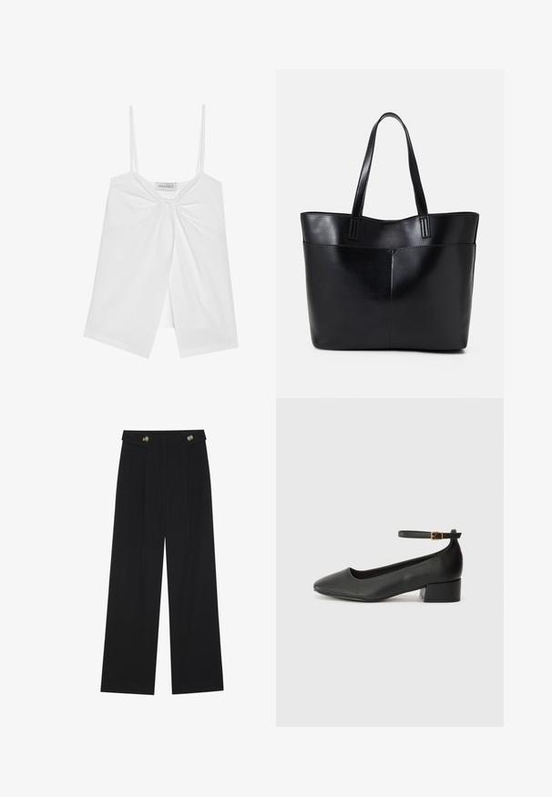 Baltas bez piedurknēm tops ar plānām siksnām, priekšpusē ar loku un apakšā ar atvērtu svītru dizainu. Gluda, viegla auduma.; Melnas platās bikses ar augstu jostasvietu, pogu detaļām uz jostas un priekšējām krokām.; Melnas ādas sūkņi ar smailu purngalu un zemu bloku papēdi. Iezīmēts ar potītes siksniņu ar zelta krāsas sprādzi. Gluda tekstūra.; Melnas ādas iepirkumu soma ar divām garām rokturām, gludu tekstūru un strukturētu formu. Iekļauj priekšējo kabatu papildu uzglabāšanai.