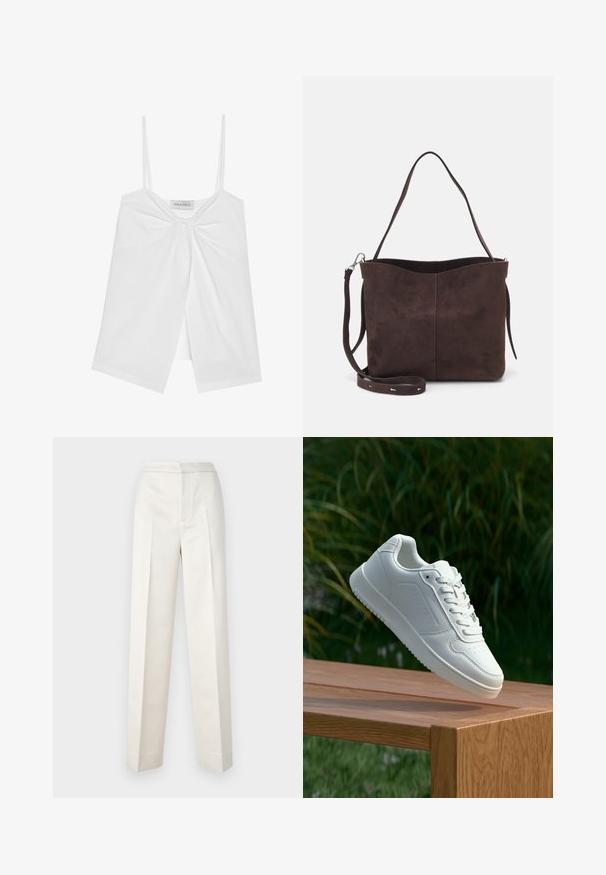 Top branco sem mangas com alças finas, apresentando um detalhe de laço na frente e um design com fendas abertas na parte inferior. Tecido liso e leve.; Calças creme com um corte ajustado, apresentando perna reta, tecido suave, pregas frontais e barra limpa. Design minimalista.; Sapatilha branca com um cabedal sintético liso, caixa dos dedos perfurada, atacadores planos e uma sola texturizada, exposta sobre uma superfície de madeira.; Saco tote em camurça castanha com uma textura suave, apresentando uma única alça de ombro e uma abertura superior levemente curvada. Sem detalhes de hardware visíveis.