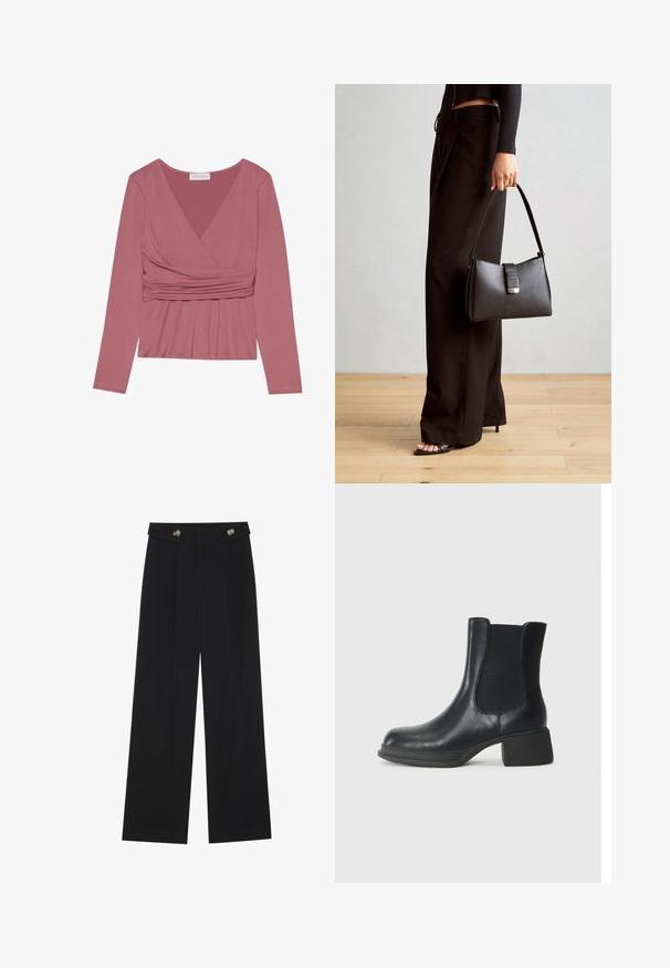 Dugi rukav u prašnjavoj ružičastoj boji, s preklopnim dizajnom, nabranim materijalom u struku i V-izrezom. Mekana tekstura s minimalnim šavovima.; Crne hlače širokih nogavica s visokim strukom, s dugmadi na pojasu i prednjim nabora.; Crne kožne čizme do članka s elastičnim bočnim panelima, zaobljenim vrhom i niskom blok petom. Površina ima glatku teksturu i minimalne detalje.; Crna torba s oblikom koji sadrži strukturu, glađu teksturu i metalnu kopču. Uparena s širokim crnim hlačama i sandalama na otvorenom s drvenog poda.