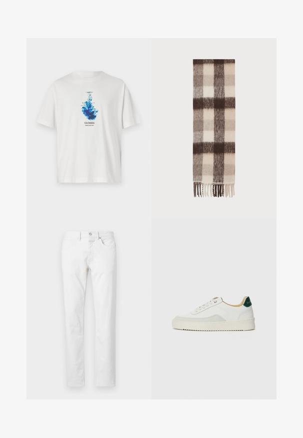 Camiseta de algodón blanca con un gráfico azul que parece una difusión de tinta, con la palabra "CERRADO" y "INYECCIÓN INDIGO" impresas debajo del diseño.; Jeans blancos de pierna recta, fabricados en denim, con cinco bolsillos, cierre de botón y un ajuste clásico con textura mínima.; Zapatilla blanca con acentos de ante, puntera redondeada, cordones planos y suela de goma color crema. Presenta un logo verde en el talón.; Bufanda de lana con un patrón a cuadros en crema, beige y marrón oscuro, con bordes desflecados y un acabado suave y texturizado.