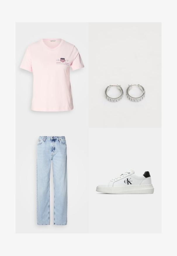 Heledad roosa puuvillane T-särk lühikeste varrukatega, ümmarguse kaelusega ja tikitud logo, millel on punased ja sinised aktsendid. Lõdva lõikega.; Heledad sinise värvi laiad teksad, mis on valmistatud denimist, kõrge vöökoht, pleekinud pesu ja peen tie-dye muster ettepoole.; Valge madalate sokkidega jooksutoss, millel on must konts, platvormi tallad, paelad ja Calvin Kleini "CK" logo küljel.; Hõbedased rõngassõrmed tekstureeritud disainiga, kus on vertikaalsed sooned. Ümmargune kuju ja kindel lukustus. Sile viimistlus.