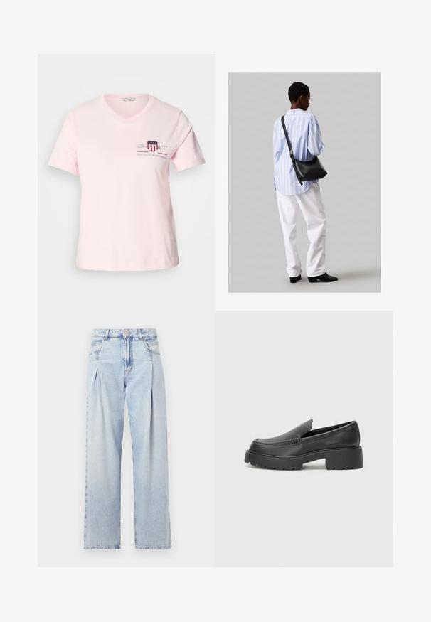 Vaaleanpunainen puuvillateepaita, jossa on lyhyet hihat, pyöreä pääntie ja kirjailtu logo punaisilla ja sinisillä yksityiskohdilla. Rentomallinen.; Vaaleansiniset farkut, joissa on korkea vyötärö, leveälahkeinen leikkaus, kaksi sivutaskua ja pleatattu muotoilu. Pehmeä rakenne, jossa on haalistunut viimeistely.; Musta nahkakengät, joissa on pyöristetty kärki, paksu teksturoitu pohja ja vähäiset ompeluyksityiskohdat. Tyylikäs muotoilu, jossa ei ole näkyviä nauhoja tai metalliosia.; Musta nahkainen olkalaukku, jossa on pehmeä rakenne, kolmion muoto ja säädettävä hihna, yhdistettynä vaaleansiniseen raidalliseen paitaan ja valkoisiin housuihin.