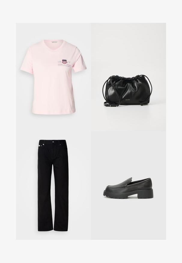 Helles rosa Baumwoll-T-Shirt mit kurzen Ärmeln, Rundhalsausschnitt und besticktem Logo in roten und blauen Akzenten. Lässige Passform.; Schwarze Denim-Hosen mit geradem Bein, fünf Taschen, silbernen Nieten und einem Knopfverschluss. Der Stoff hat eine glatte, leicht strukturierte Oberfläche.; Schwarze Lederloafer mit einer abgerundeten Spitze, dicker strukturierten Laufsohle und minimalen Nähten. Schlankes Design ohne sichtbare Schnürsenkel oder Beschläge.; Schwarze Lederhandtasche mit gerafftem Design, doppeltem Kordelzugverschluss und abnehmbarem Schulterriemen. Mit metallic Logo-Details.