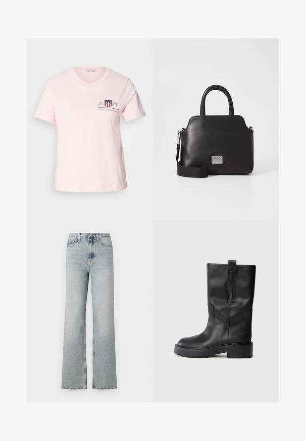 Tricou din bumbac roz deschis cu mâneci scurte, guler rotund și logo brodat cu accente roșii și albastre. Croi lejer.; Jeans din denim de culoare albastru deschis, cu talie înaltă și o siluetă largă, având cinci buzunare și o decolorare subtilă pe întreaga țesătură.; Cizme din piele neagră, până la genunchi, cu un design elegant, având o talpă groasă și un mâner lateral pentru o purtare ușoară. Accente notabile de cusătură.; Geantă sintetică neagră cu mânere superioare, curea de umăr detașabilă, formă rotundă, textură netedă și accent cu logo argintiu pe față.
