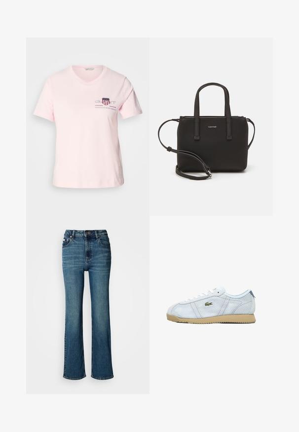 Light pink cotton t-shirt with short sleeves, round neckline, and embroidered logo featuring red and blue accents. Casual fit.; High-waisted blue jeans made of denim, featuring a straight leg design, subtle fading, and a standard button and zipper closure.; Light blue mesh sneakers with a beige rubber sole, white laces, and green logo detail. Features a round toe and textured side panels.; Black handbag with dual short handles and a removable shoulder strap. Smooth leather-like material with a zip closure and logo detail.