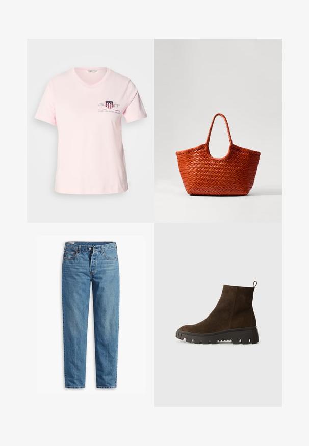 Light pink cotton t-shirt with short sleeves, round neckline, and embroidered logo featuring red and blue accents. Casual fit.; Blue denim jeans with a straight-leg fit, featuring a zip fly, two front pockets, and subtle fading throughout the fabric.; Brown suede ankle boot with a chunky black rubber sole, featuring a slight heel and a pull tab at the back for easy wear.; DRAGON DIFFUSION NANTUCKET BASKET BIG - Handbag - naranja