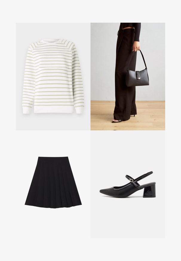 Hanorac ușor, cu dungi orizontale verzi și albe, guler rotund, mâneci lungi, manșete și tiv cu nervuri. Fabricat din material moale.; Fustă plisată neagră dintr-un material texturat, cu un elastic ajustat. Se termină la nivelul genunchiului, având o siluetă netedă și curată.; Cizme cu toc slingback din piele sintetică lacuită neagră, cu vârful ascuțit, un design cu decupaj rotunjit și toc bloc. Include un accent cu cataramă de culoare aurie.; Genți negre cu o formă structurată, textură netedă și un închizător metalic. Asortată cu pantaloni negri largi și sandale cu vârf deschis pe un podea din lemn.