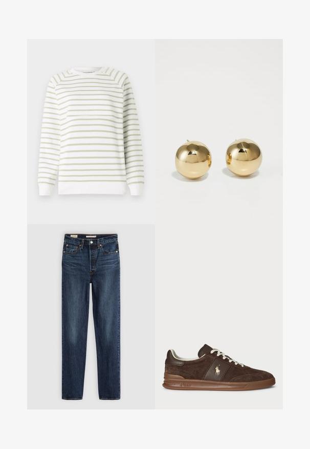 Lahka majica s kapuco z zelenimi in belimi vodoravnimi črtami, okroglo ovratnik, dolge rokave, rebrasti manšeti in rob. Narejena iz mehkega materiala.; Temno modri naravni kavbojke z ravnimi nogavicami, petimi žepi, zapenjanjem na gumb in zadrgo ter kontrastnim šivom.; Rjavi semiš športni copati z teksturiranimi paneli, belimi vezalkami in zlatim logotipom. Imajo gumijast podplat in oblazinjen ovratnik za udobje.; Zlati okrogli uhani s poliranim zaključkom in majhnim držalom. Imajo gladko teksturo in odsevno površino.