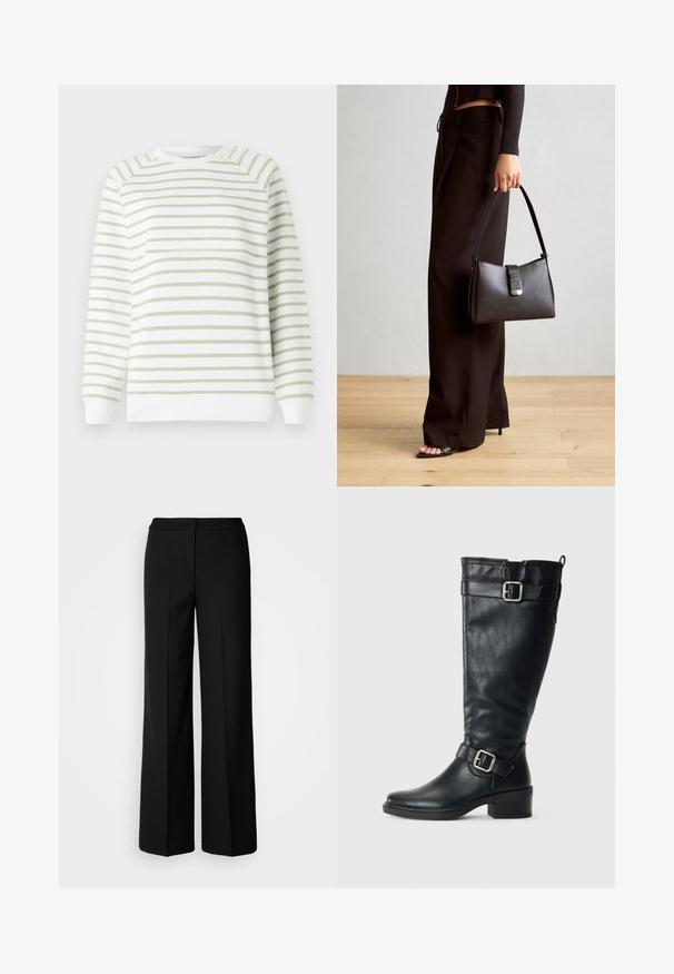 Ľahká mikina s horizontálnymi pruhmi v zelenej a bielej farbe, okrúhlym výstrihom, dlhými rukávmi, ribovanými manžetami a lemom. Vyrobená z mäkkého materiálu.; Čierne široké nohavice z hladkej tkaniny, s vysokým pasom, zúženými švami a minimalistickým dizajnom. Žiadne viditeľné kovové prvky alebo vrecká.; Vysoká čierna kožená čižma s nízkym opätkom, dekoratívnymi prackami pri členku a na vrchu a s úchytom vzadu.; Čierna kabelka so štruktúrovaným tvarom, hladkou textúrou a kovovou sponou. V kombinácii so širokými čiernymi nohavicami a sandálmi s otvorenou špičkou na drevenej podlahe.