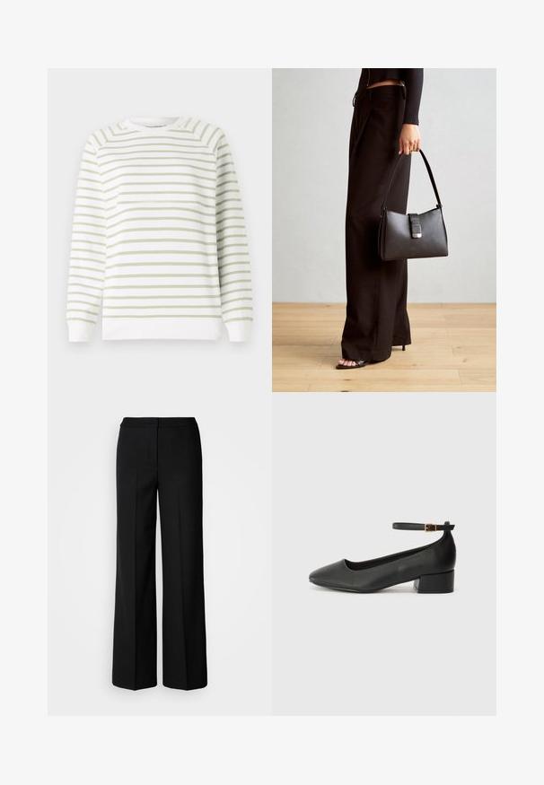 Sudadera ligera con franjas horizontales verdes y blancas, cuello redondo, mangas largas, puños acanalados y dobladillo. Fabricada con material suave.; Pantalones de pierna ancha negros con una tela suave, que presentan una cintura alta, costuras ajustadas y un diseño minimalista. Sin herrajes visibles ni bolsillos.; Zapato de tacón negro de cuero con punta afilada y tacón bajo cuadrado. Presenta una correa para el tobillo con una hebilla en tono dorado. Textura suave.; Bolso negro con forma estructurada, textura suave y un cierre metálico. Combinado con pantalones anchos negros y sandalias de dedo en un suelo de madera.